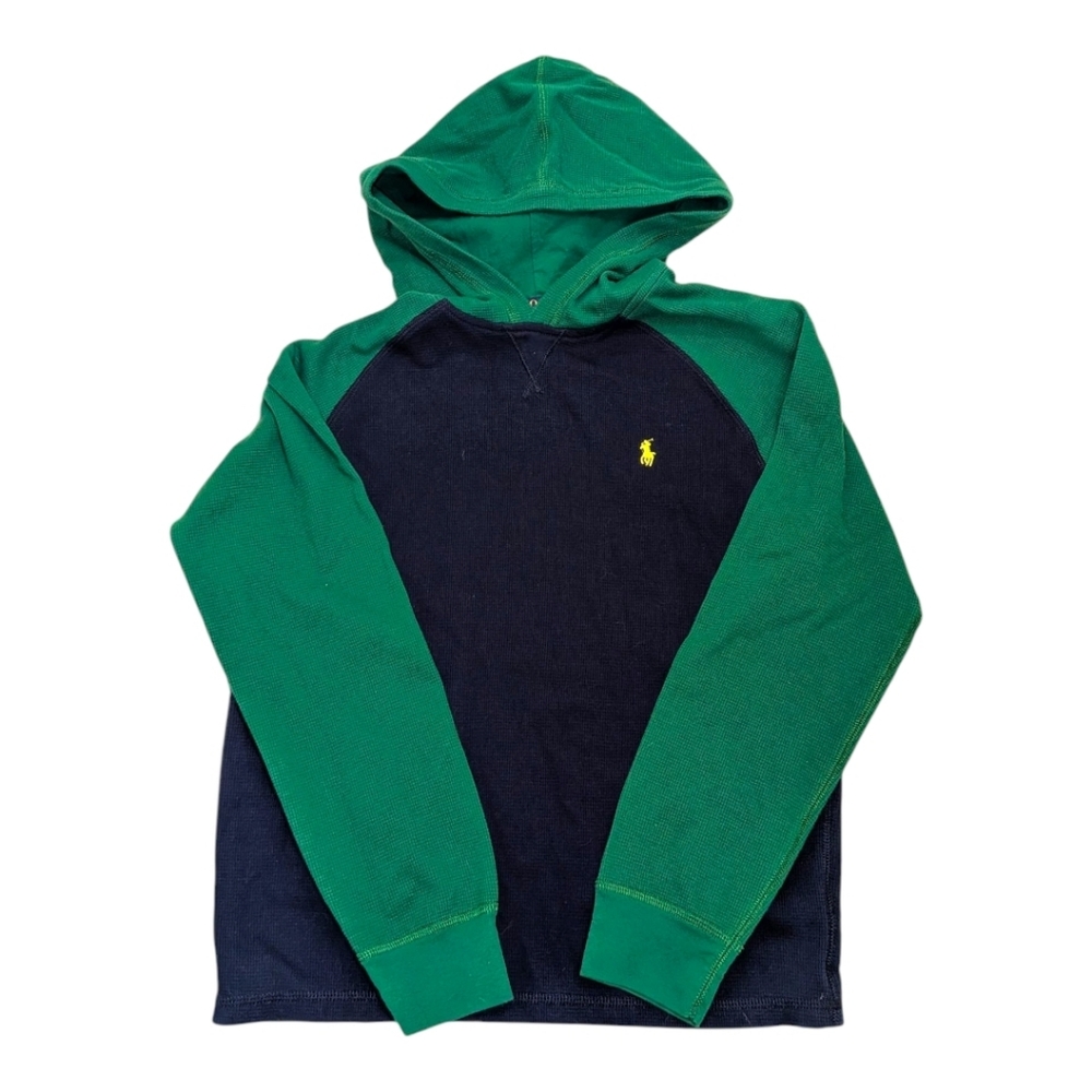 Polo Ralph Lauren Boys Waffle Knit Thermal Hoodie Green Navy Colorblock 14/16